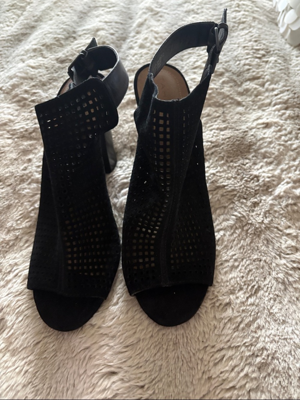 Tahari Black Perforated Open-Toe Block Heel Booties